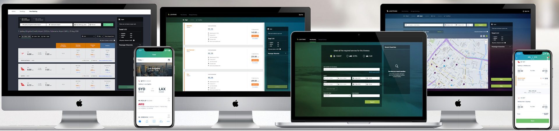 Lightning Online Booking Tool screens displayed on desktop, laptop and mobile phone