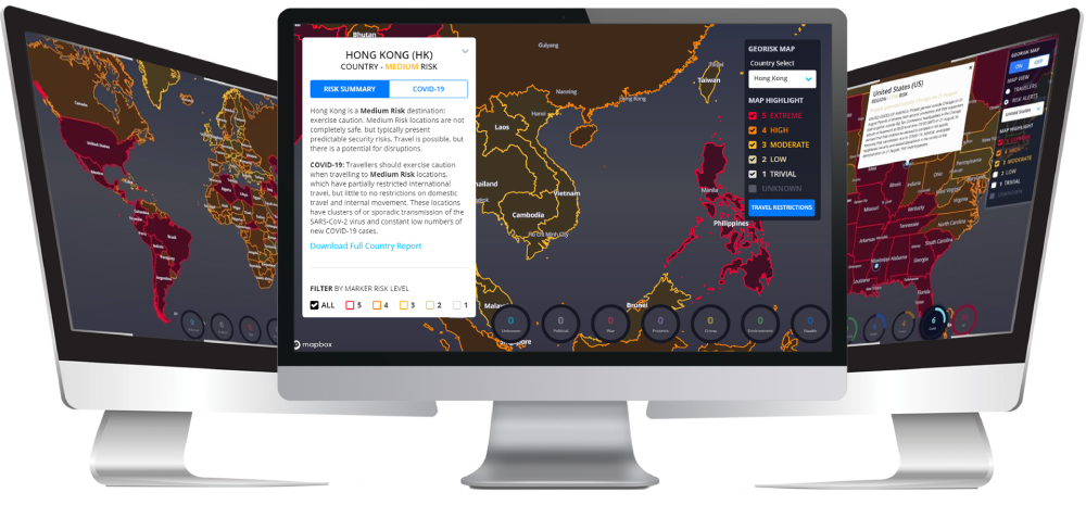 Three CTM COVID Hub screens with maps of the world, Australia and North America