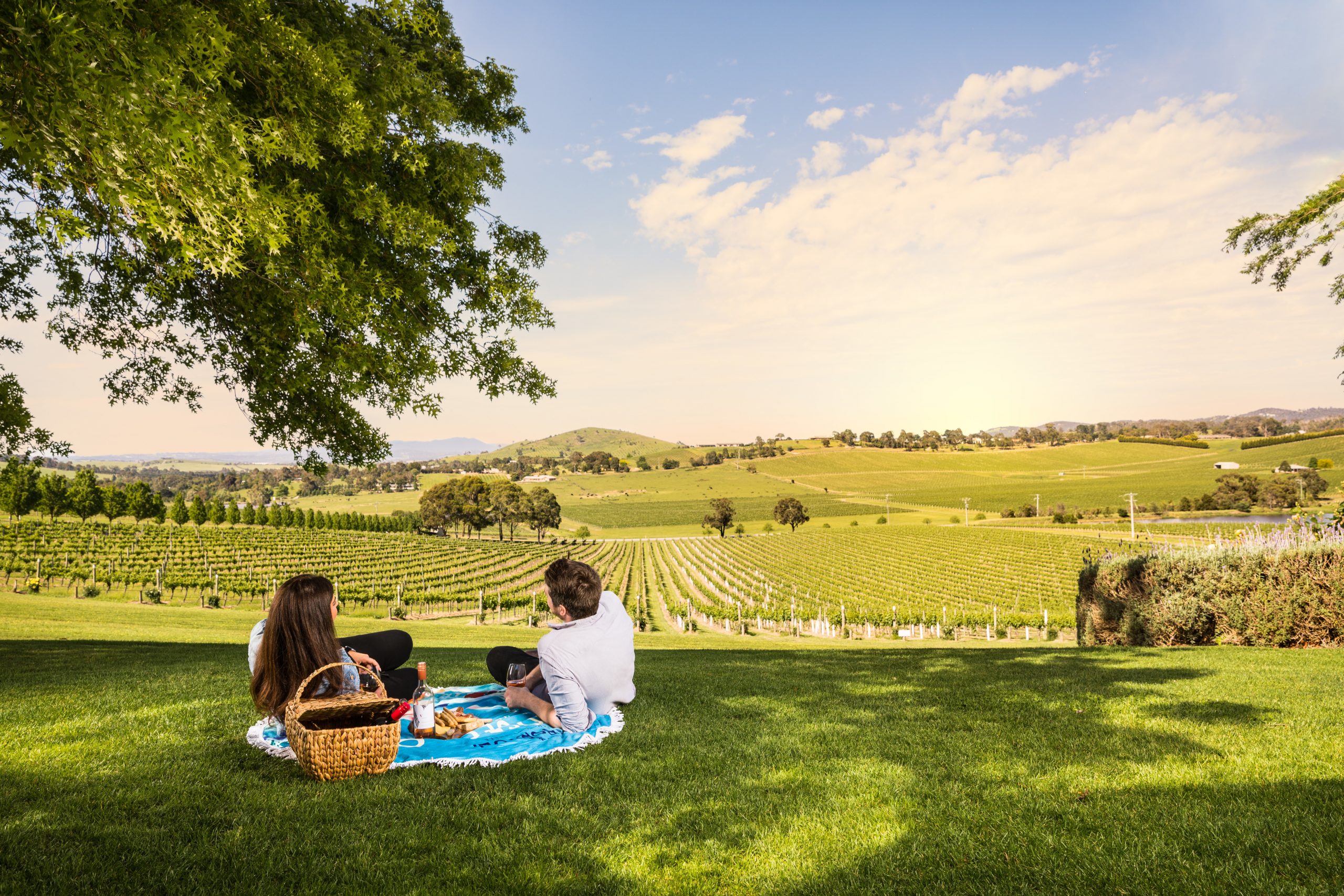 Two ladies sitting on picnic rug in the Barossa Valley