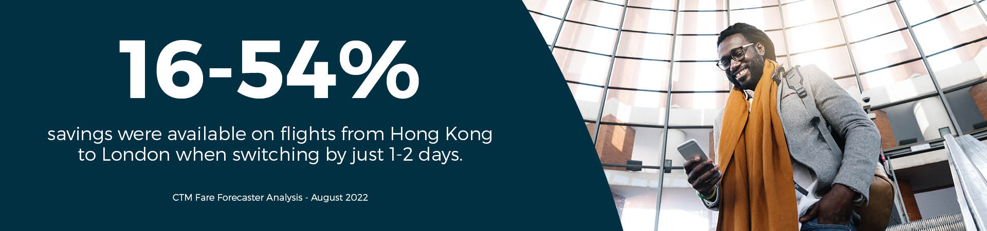 Banner - "16-54% savings were available on flights from Hong Kong to London when switching by just 1-2 days"
